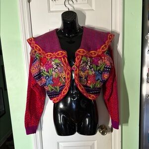 Veranda Wear Pink&Purple Vintage Embroidered Cotton Knit Crop Cardigan Size L